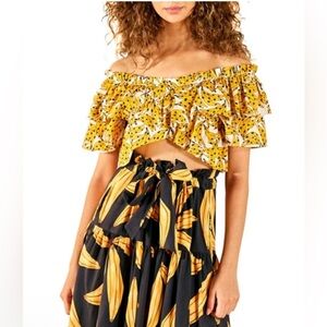 FARM Rio Yellow Banana Print Off-Shoulder Ruffle Crop Top